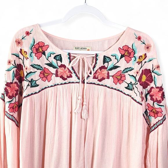 Ruff Hewn Blouse Shirt Floral Embroidered Sheer Pink Tassel Tie Womens XL - Picture 3 of 11